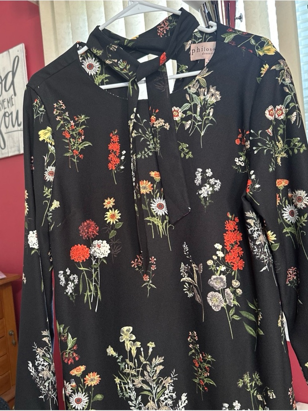 Philosophy Black Floral Tie-Detail Long Sleeve dress
